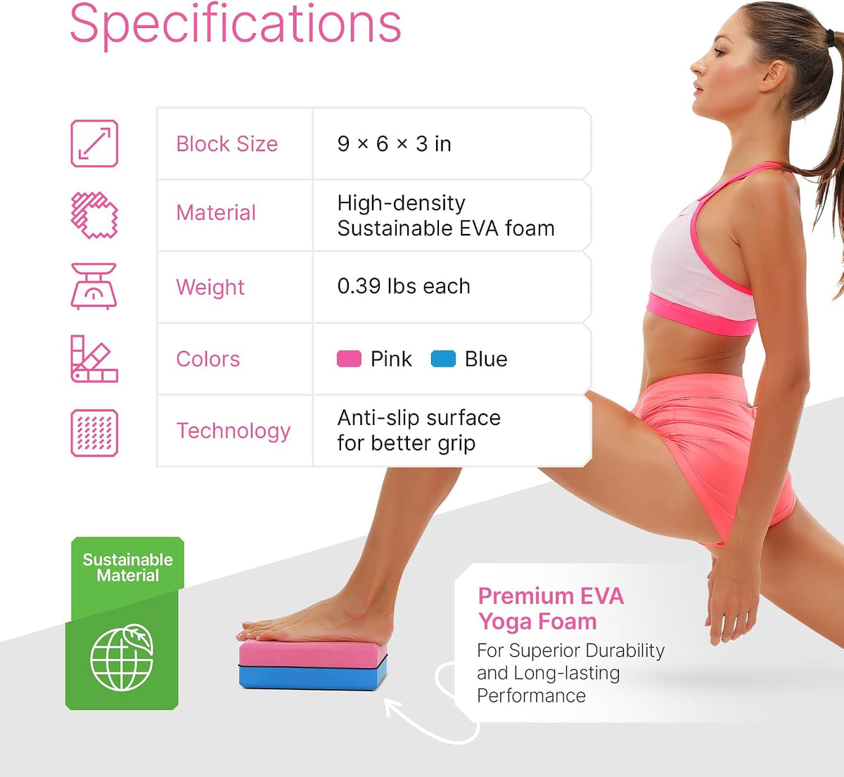 Yoga Blocks 2 Pack with Strap and Guide – Soft Non-Slip EVA Foam Blocks
