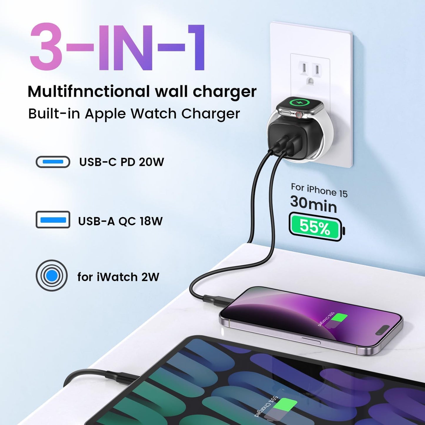 TOPADRE PD 20W USB C Charger Block for Apple Watch,3-in-1 Charging Station with Built-in Wireless Charger, Dual Ports Compatible with Apple Watch, iPhone, AirPods, White