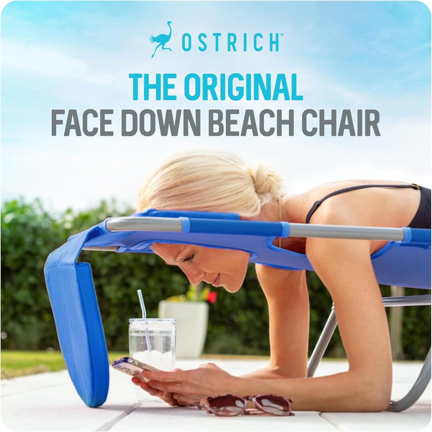 Ostrich the Original Chaise 72 x 22 Inch Lounge Portable Reclining Lounger, Outdoor Patio, Beach, Lawn, Camping, or Pool Tanning Chair, Ocean Blue