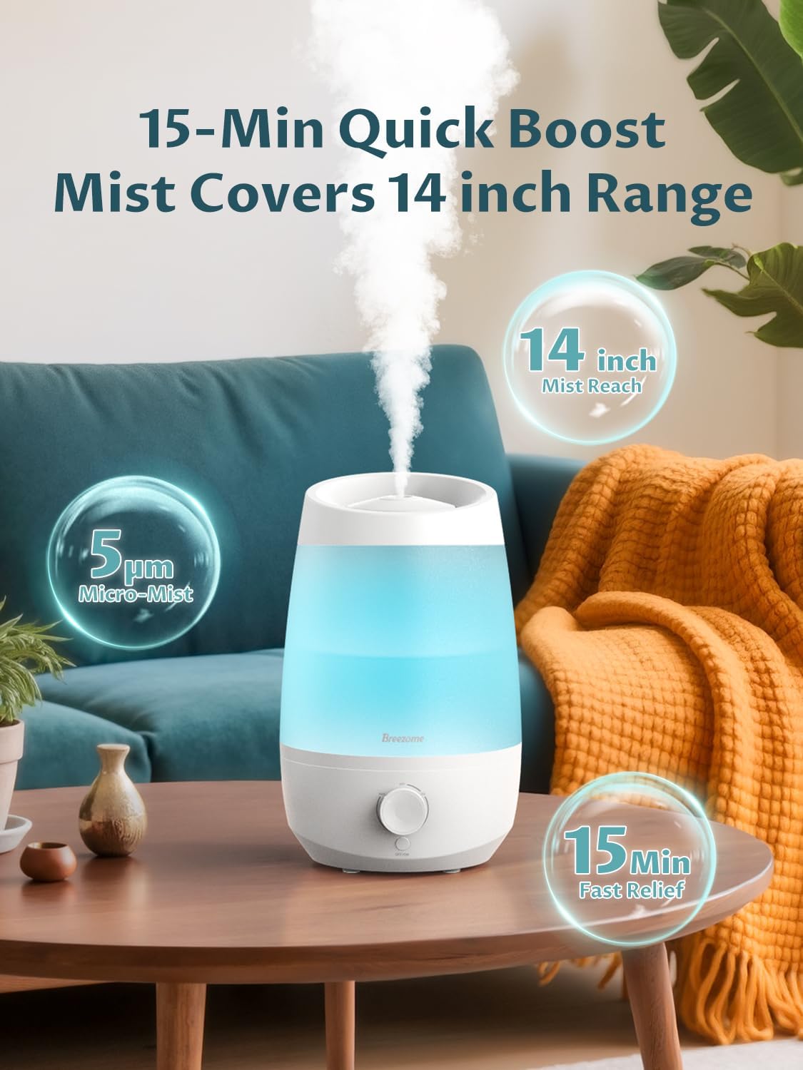 BREEZOME 2.5L Top Fill Humidifiers for Bedroom, 250ml/h Mist Output, 25hrs Humidifiers for Home, 7 Adjustable LED, Essential Oil Diffuser, 25dB Ultrasonic Humidifier for Baby and Indoor Plants, White