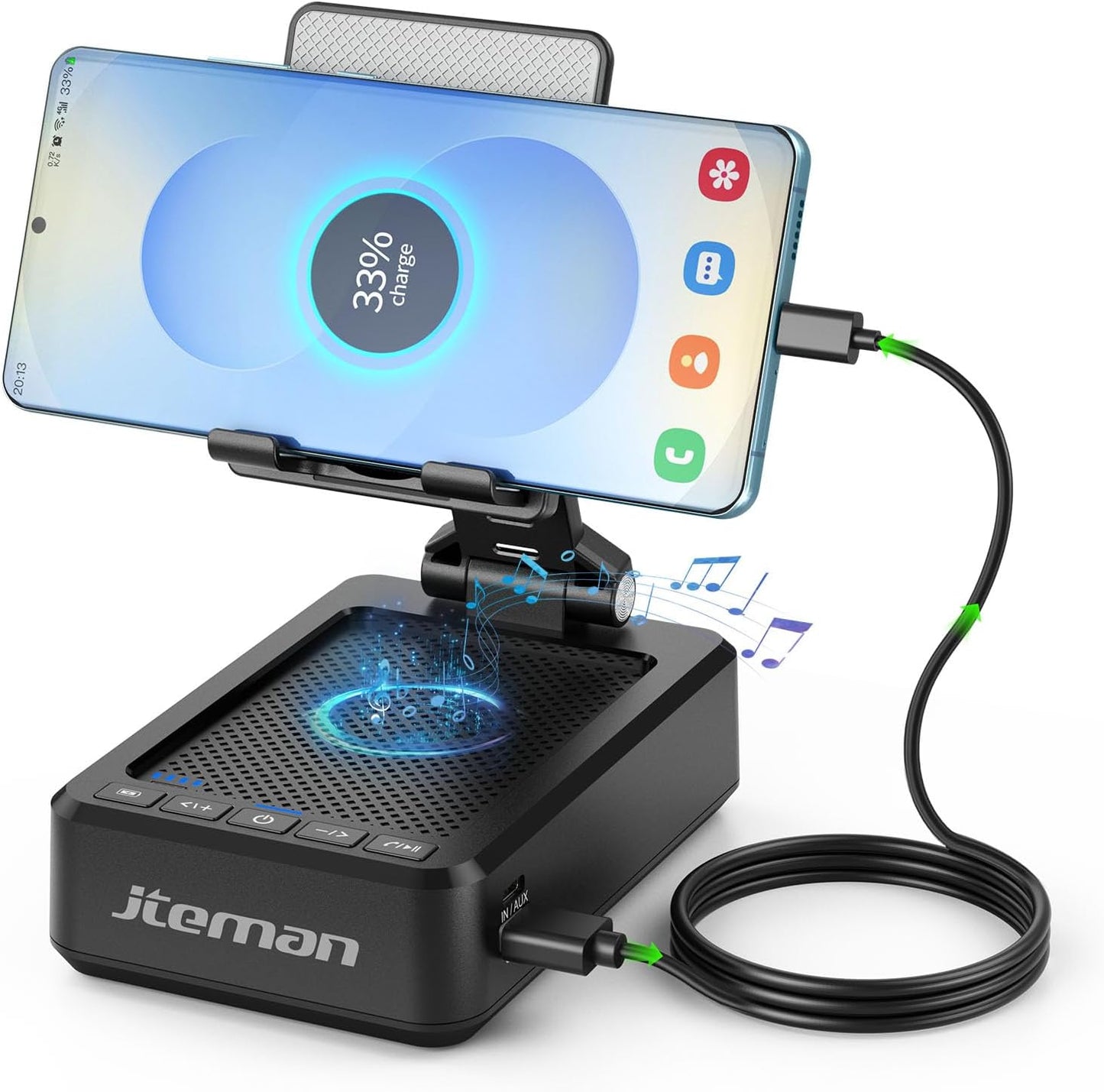 JTEMAN Cell Phone Stand with Bluetooth Speaker and Charging Function, HD Sound Adjustable Phone Holder, Birthday Gifts for Men Women, Cool Tech Kitchen Gadgets for All Phones,Tablet (Black)