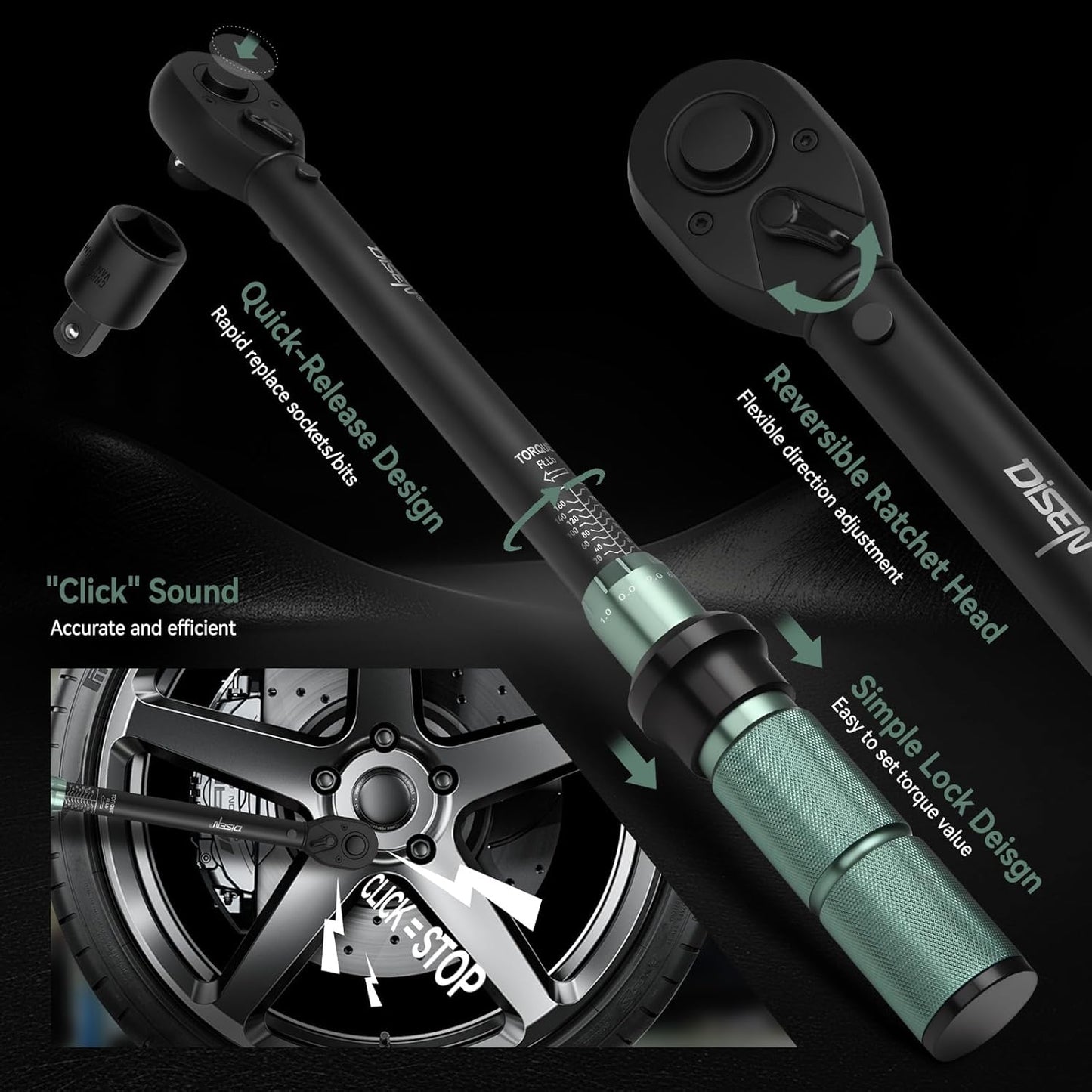 DISEN 9PCS Click Torque Wrench Set 1/4" 3/8" 1/2" Drive 20-220 In.lb, 5-45 Ft.lb, 10-170 Ft.lb with 6 Adapters, ±3% Accuracy, 72-Tooth, Dual Scale, Storage Case for Bike, Motorcycle, Car, Truck Repair