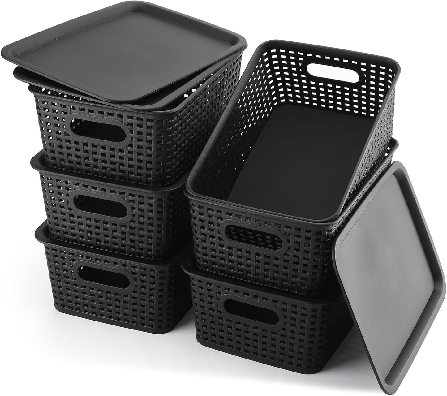 Storage Bins Plastic Storage Baskets With Lid Small Baskets for Organizing Stackable Storage Container Organizer Bins for Shelves Drawers Desktop Playroom Classroom Office, 6 Pack,Black
