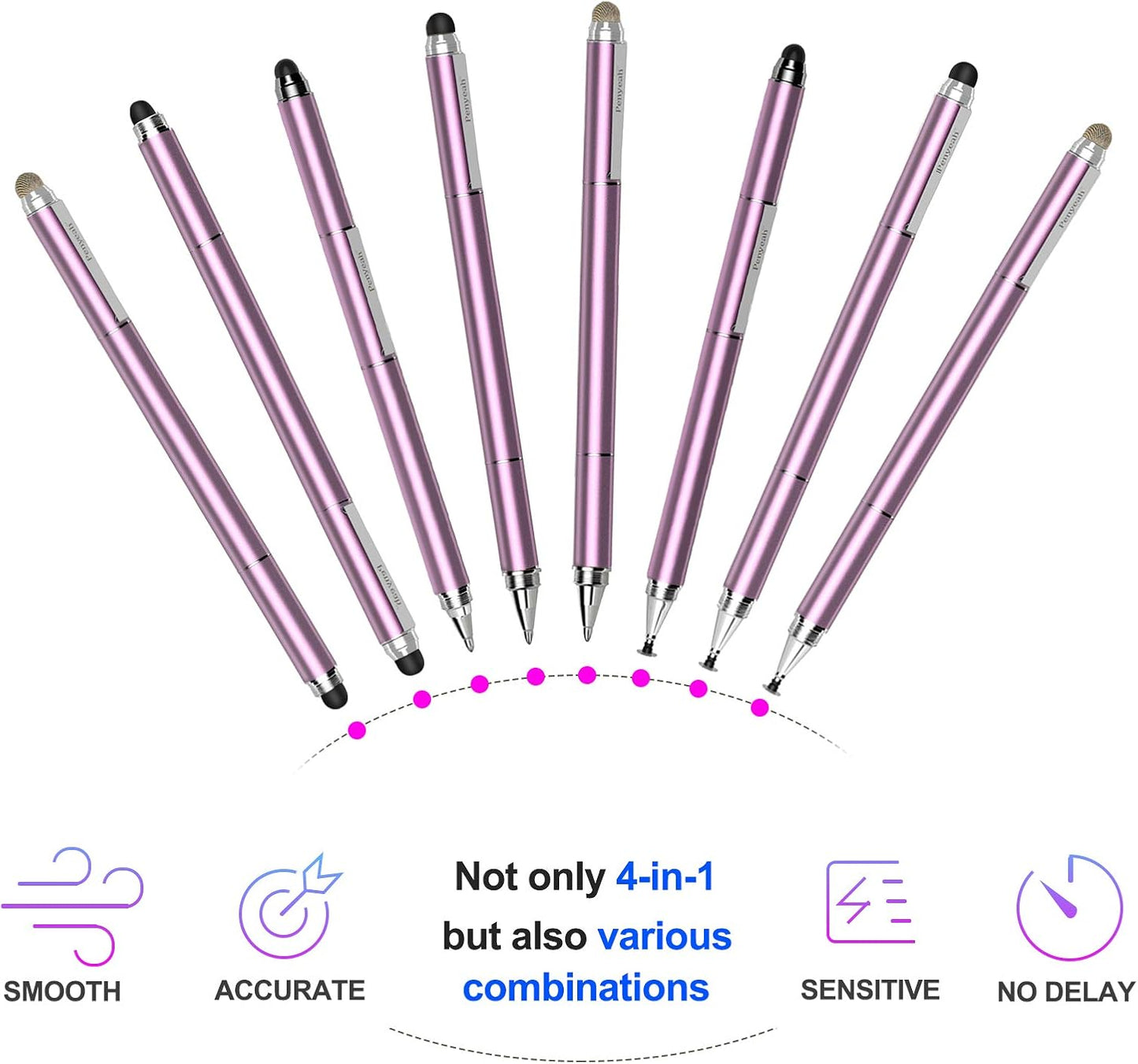 Penyeah 4-in-1 Stylus Pen for Touchscreens, Versatile Capacitive Stylus for iPhone 17/16/15 Pro Android Phones,Tablets -Disc+Rubbe+Mesh Tips Universal for All Touch Screen Devices - Pinky Gold