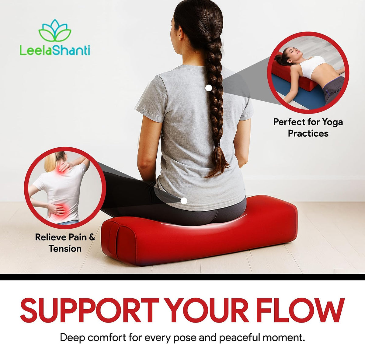 Rectangular Yoga Bolster Pillow for Meditation, Yoga & Back Support – Soft Meditation Cushion with Removable Hand Wash Cotton Cover & Carry Handle (Red)