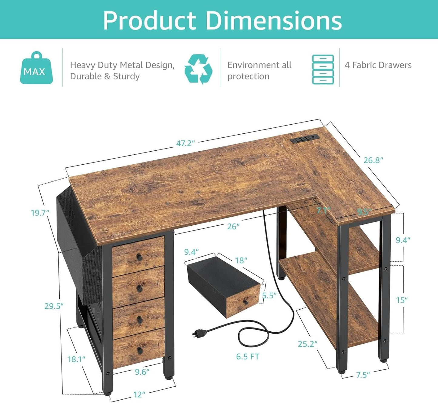 Lufeiya L Shaped Desk with Drawers & Storage Shelves, 47 Inch Small Reversible Corner Desk with Power Outlet for Home Office Bedroom, L-Shaped Gaming PC Computer Desks with Fabric Drawer, Rustic Brown