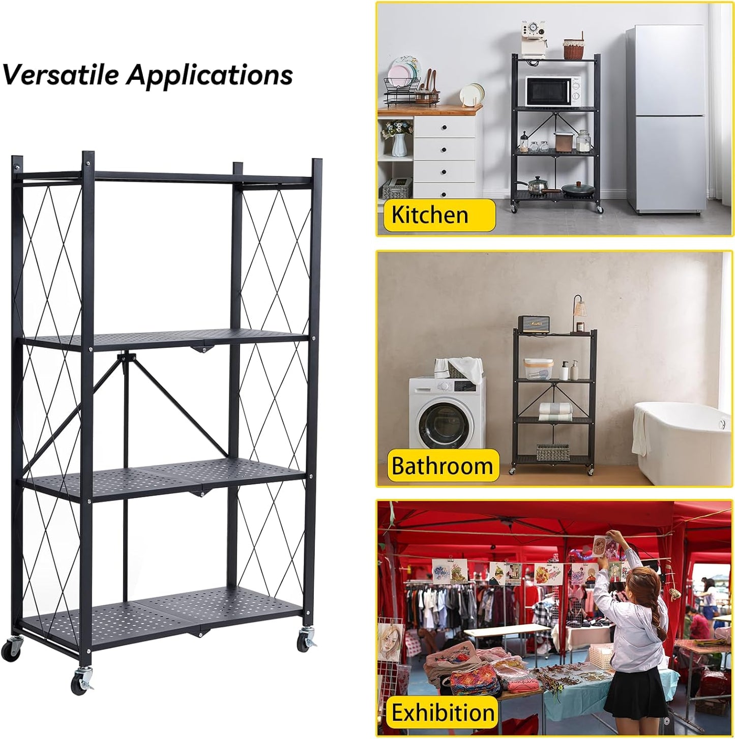 BRIAN & DANY 4-Tier Foldable Storage Shelves with Wheels, Folding Metal Rack Shelving Unit, Heavy Duty No Assembly Organizer Shelf for Garage, Kitchen, Basement, Pantry, Black