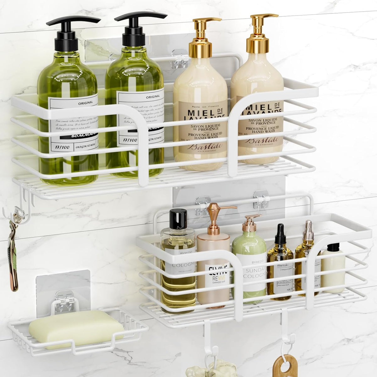 Yougai Shower Caddy, Shower Organizer with Soap Holder and Hooks, Rustproof Shower Shelves, No Drilling Bathroom Organizers and Storage, Wall-Mounted Kitchen & Home Decor (Brown)