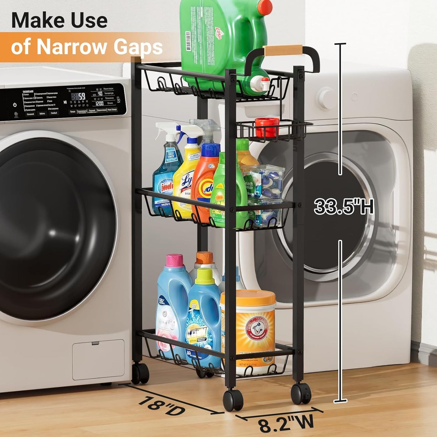 AOODA Laundry Room Cart with Top Detergent Holder, Metal Rolling Storage Cart Between Washer and Dryer, 3 Tier Narrow Laundry Room Organization and Storage with Wheels (Pure Black)