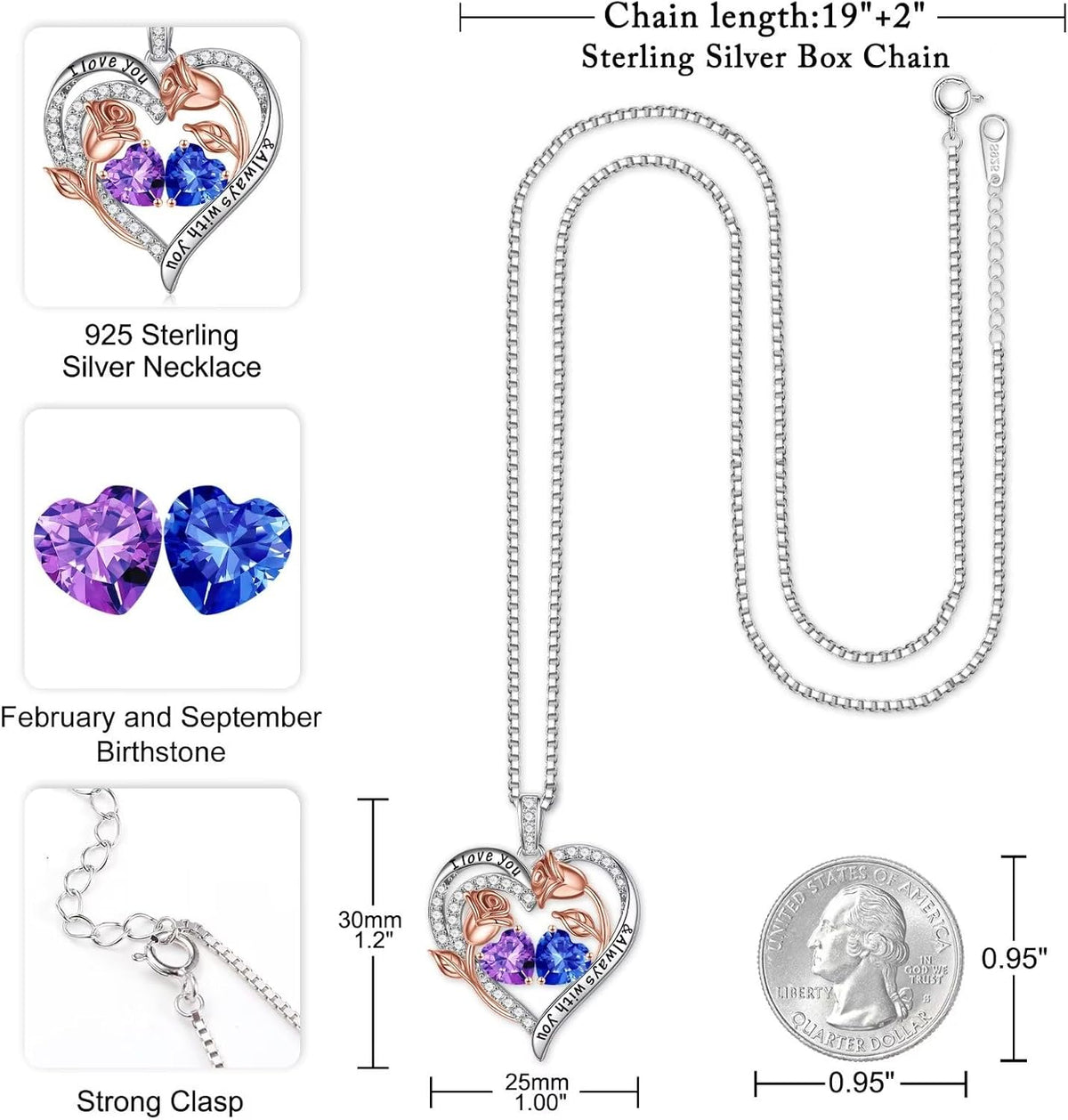 Iefil Birthstone Necklace for Women - Rose Heart Necklace