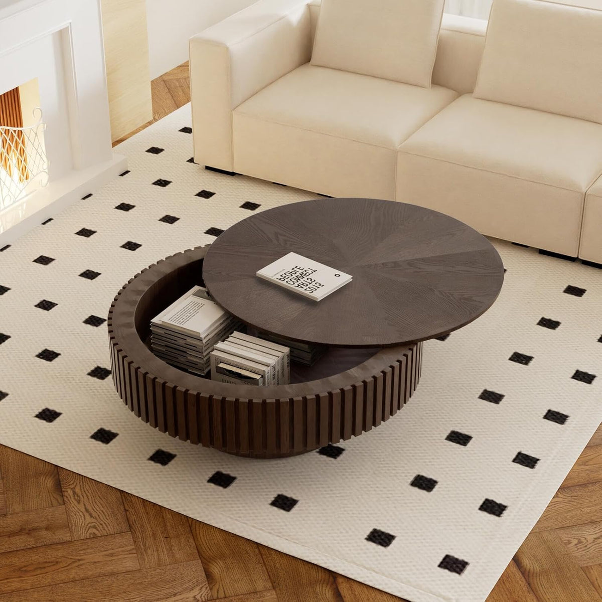 31" Brown Round Wood Fluted Drum Coffee Table with Storage (H, 1PC)