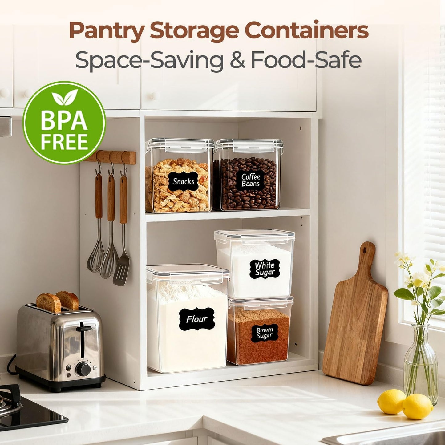 3 PCS Airtight Flour and Sugar Container for Pantry - 5lb Flour Capacity - 7.1 Inch Extra Wide Mouth Square Pantry Storage - Set of 3 (5.2L/5.5Qt) (2.5L/2.6Qt*2) - Stackable Baking Supplies Organizer