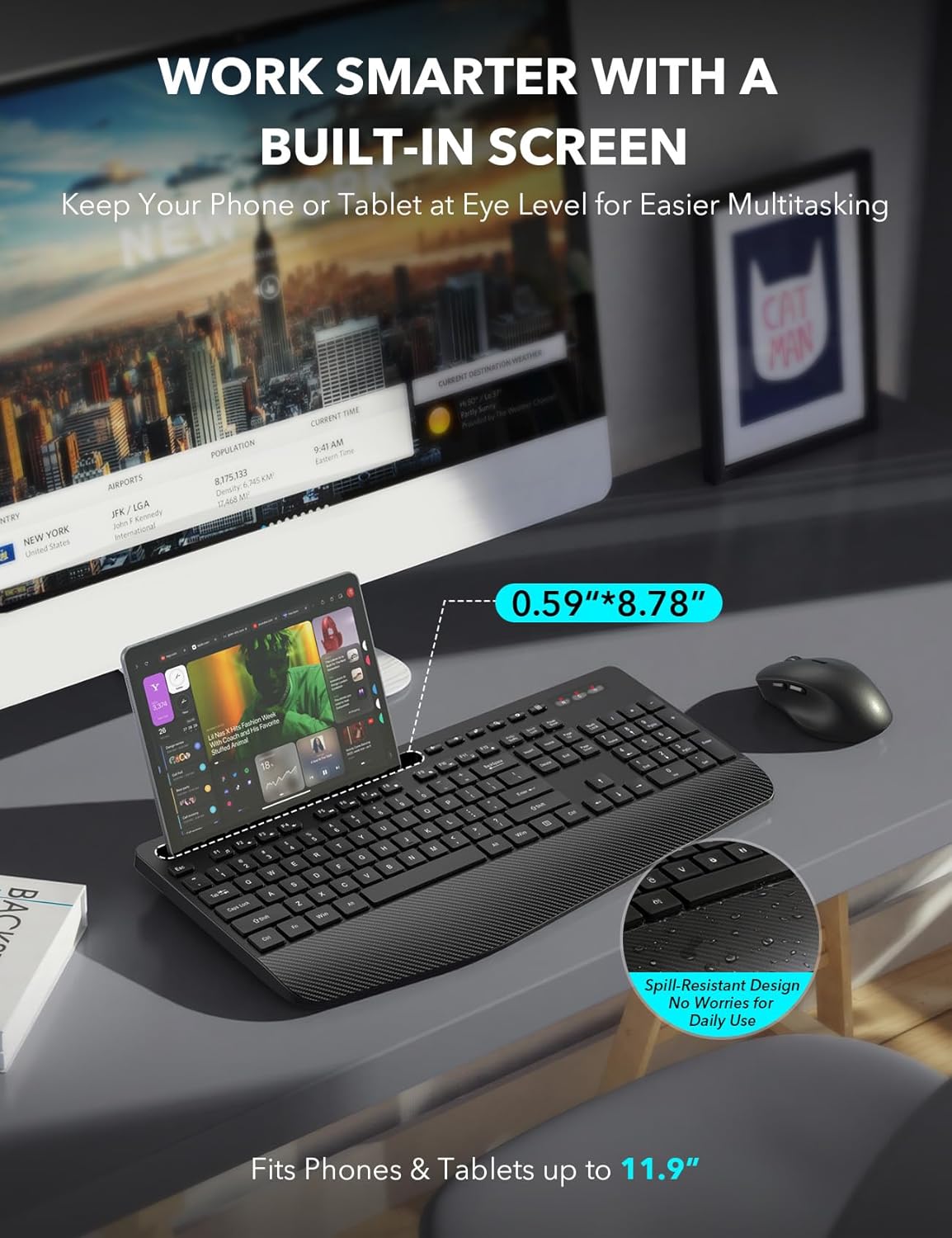Wireless Keyboard and Mouse Combo - Full-Sized Ergonomic Keyboard with Wrist Rest, Phone Holder, Sleep Mode, 2.4G Quiet Keyboard for PC Laptop, Complete Work Setup for Office or Home -Trueque KM23