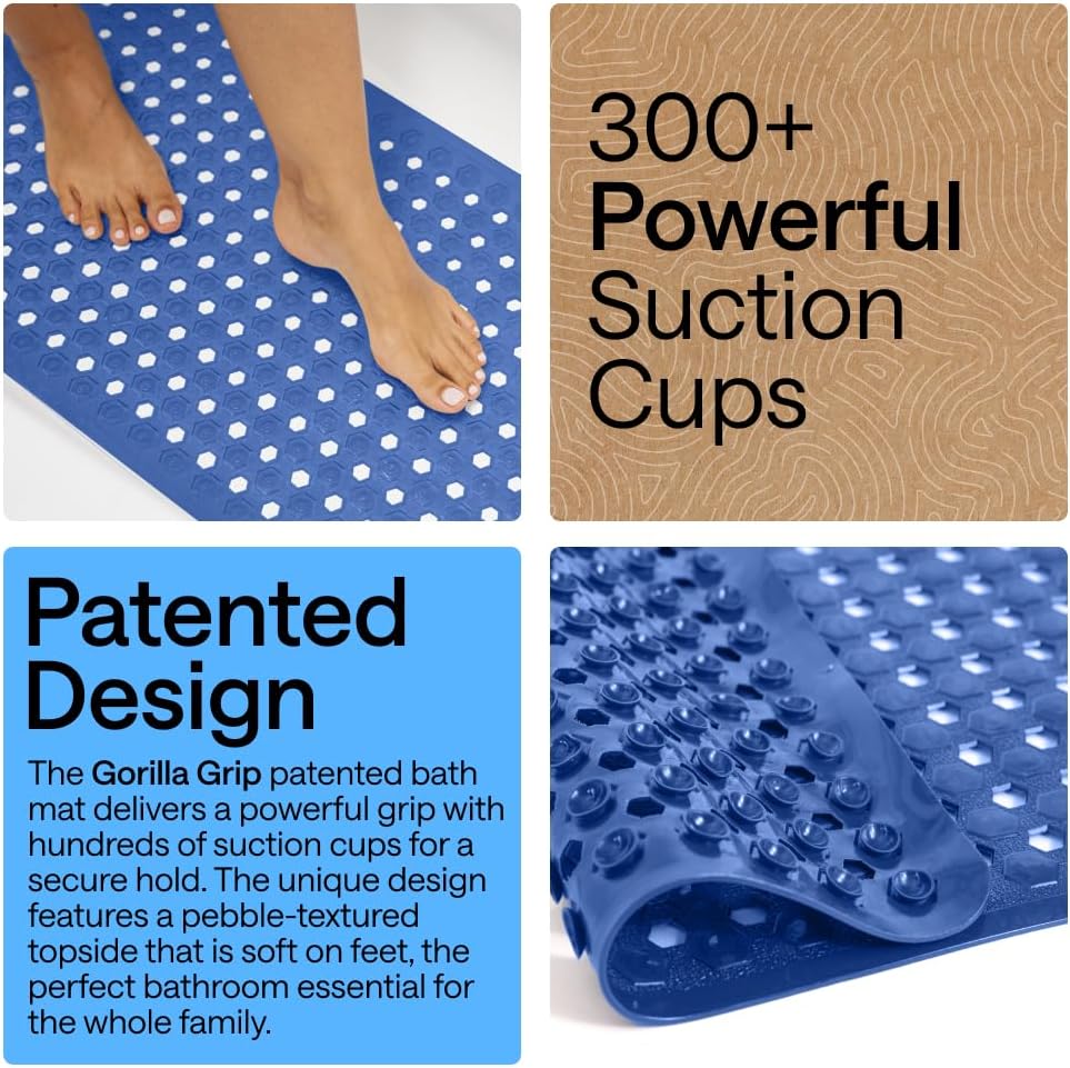 GORILLA GRIP Patented Bath Tub Shower Mat, Machine Washable Bathtub Floor Liner Mats, Suction Cups and Drain Holes to Keep Tubs Clean, Soft on Feet, Bathroom Essentials, 35x16 Inch, Royal Blue Opaque