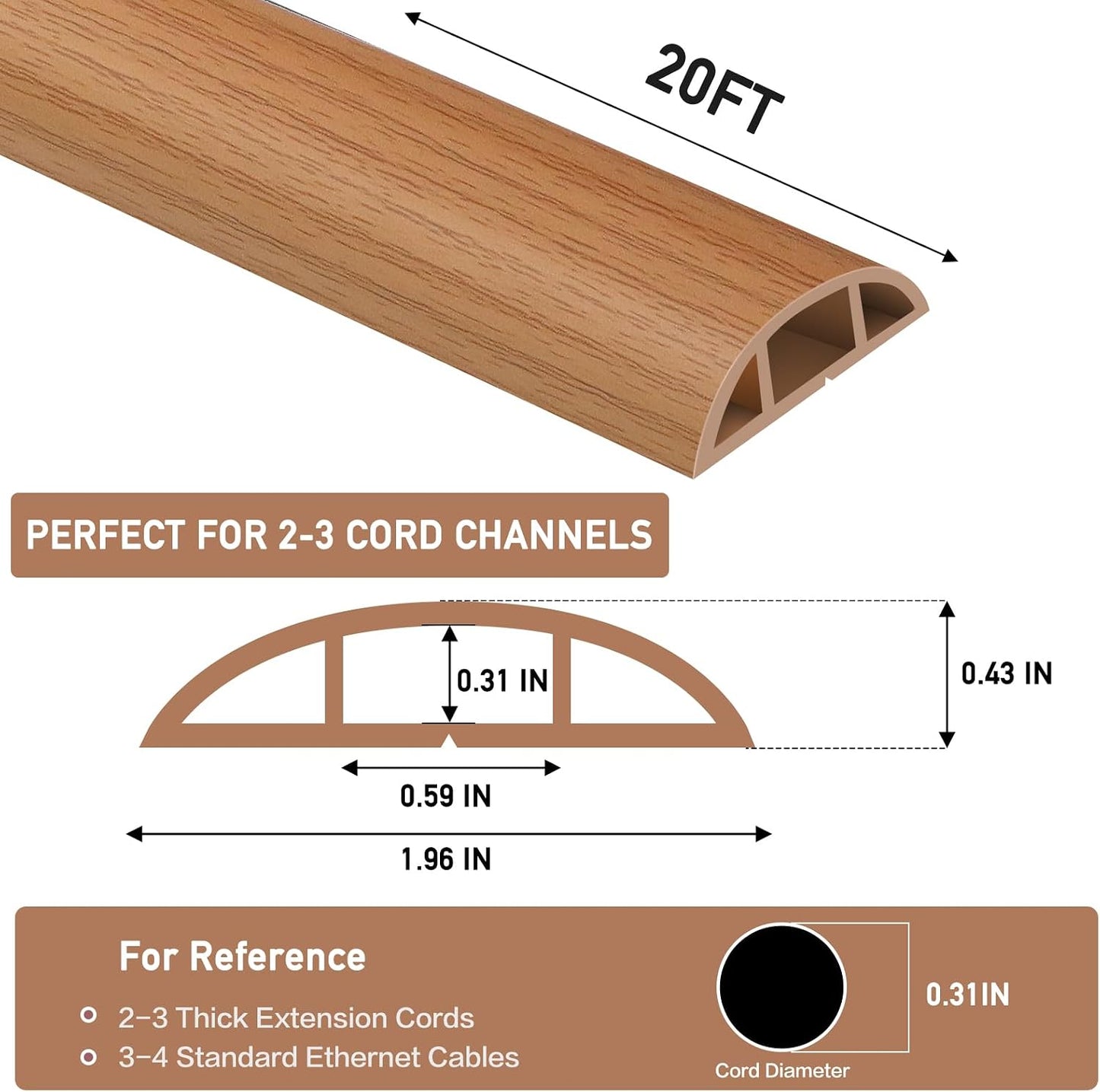 LSGCQ Floor Cord Cover Self Adhesive Cord Hider Floor Cable Management | Cord Covers for Wires on Floor Cable Cover, Prevent Cable Trips, Cable Cavity 0.59" W x 0.31" H, 20Ft, Light Brown Wood