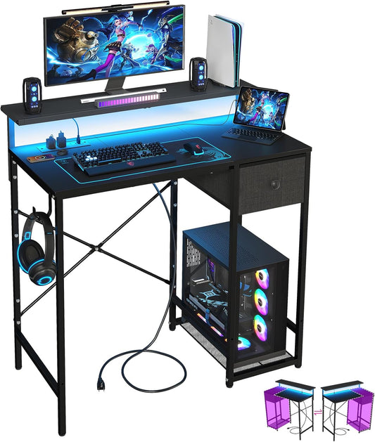 X-cosrack 33.5" Small Gaming Desk with LED Lights & Long Monitor Stand, Compact Computer Desk with Power Outlets & CPU Stand, Gamer Table with Storage Drawer for Home Office, Bedroom Corner, Black