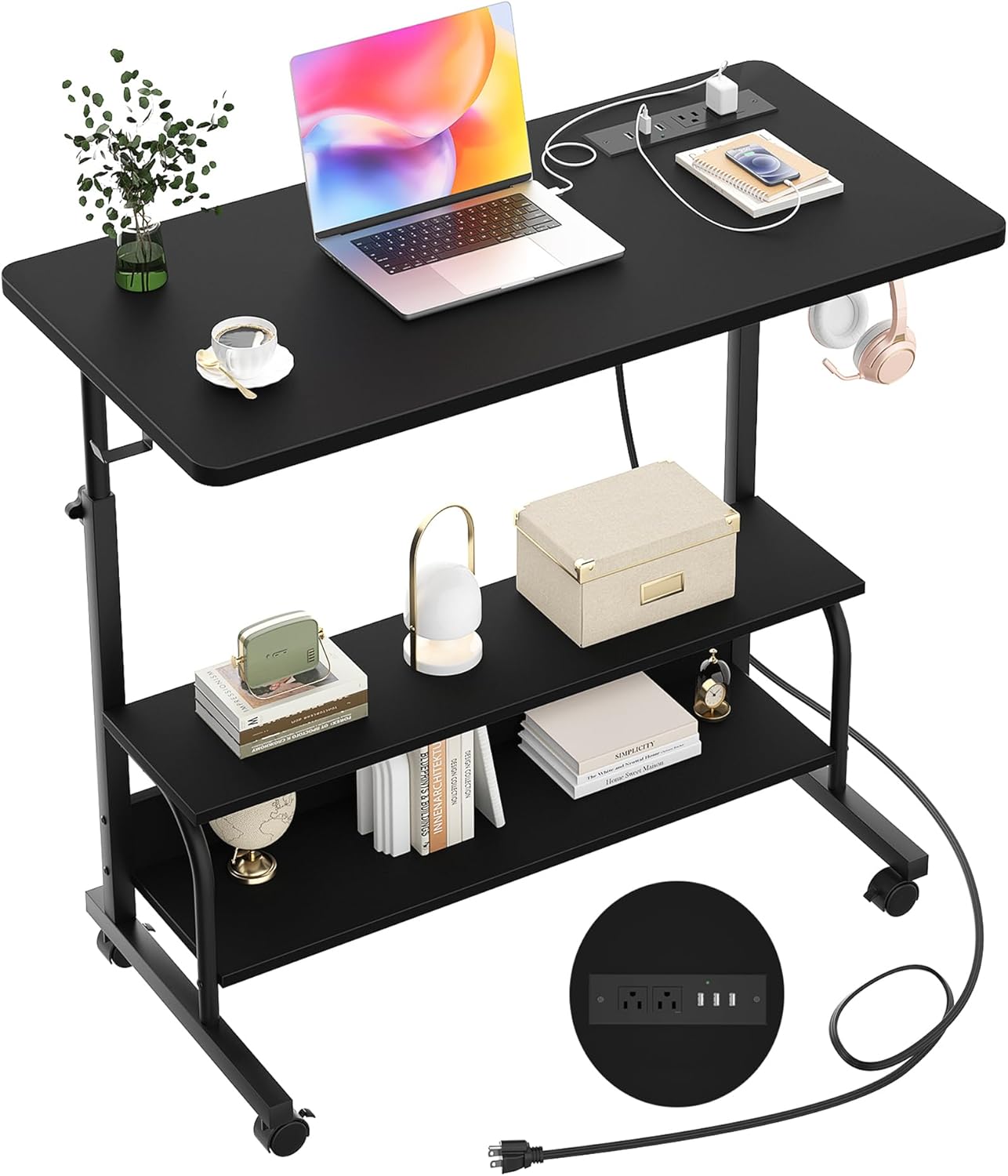 Armocity Rolling Standing Desk with Charging Station, Portable Height Adjustable Mobile Computer Desk with Wheels & 2-Tier Shelves & Hooks, Easy Assembly Laptop Table for Couch Bed, 32" Black
