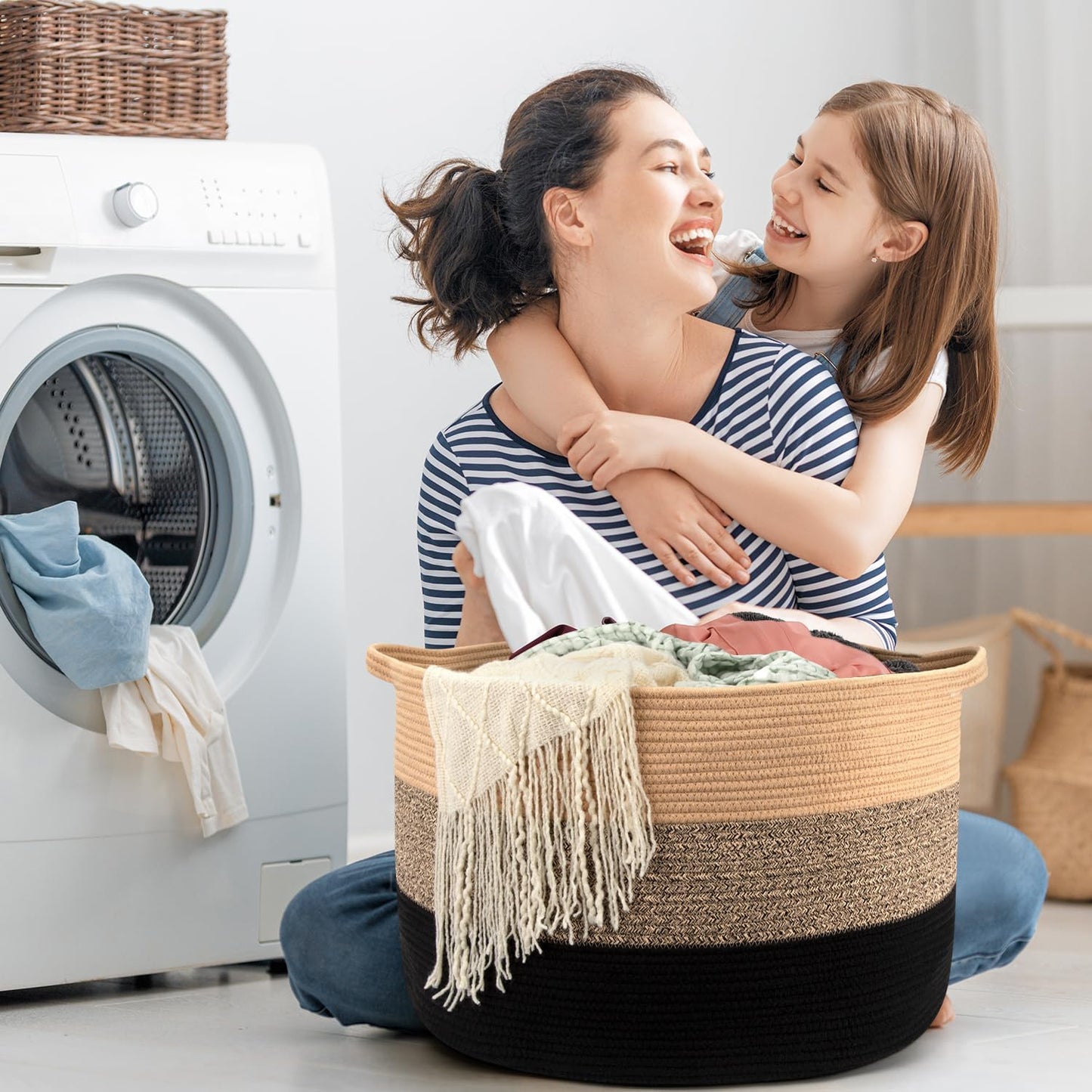 Maliton Woven Rope Blanket Basket Living Room, Storage Basket for Toy, 90L | 22"x14" Cotton Rope Basket. Holds Blankets, Toys & Towels & Laundry. For Bedroom, Nursery, Bath & Playroom. Soft & Durable