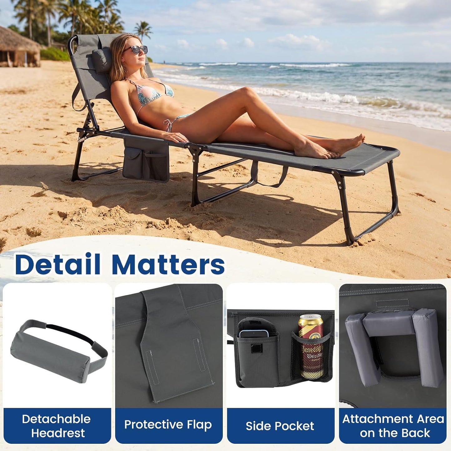 COSTWAY Tanning Chair with Face Hole, Folding Beach Lounge Chair with 4-Position Adjustable Backrest, Pillow & Side Pocket, Foldable Chaise Lounge Chair Outdoor for Sunbathing, Camping (1, Grey)