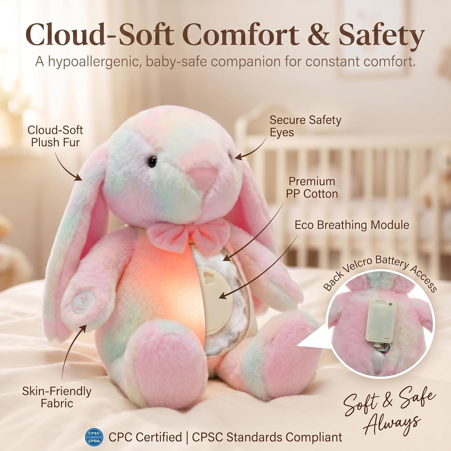 Breathing Bunny Stuffed Animal, 17 Inch Rainbow Plush with Rhythmic Breathing Motion, Soft Light & Soothing Sounds, Calming Sleep Companion Gift for Kids, Girls & Adults