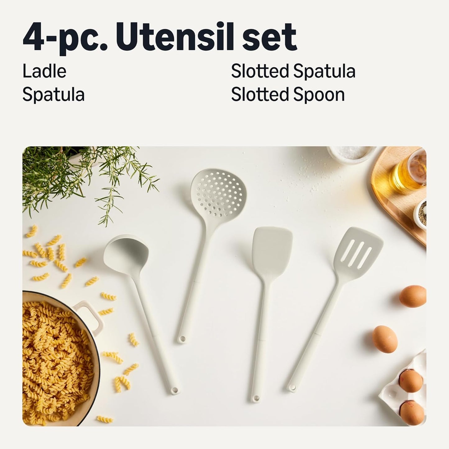 Amazon Basics Silicone Cooking Spoon and Ladle Set, 4-Piece Set, Soft Grip Handle, BPA-Free, Dishwasher-Safe, Linen Gray
