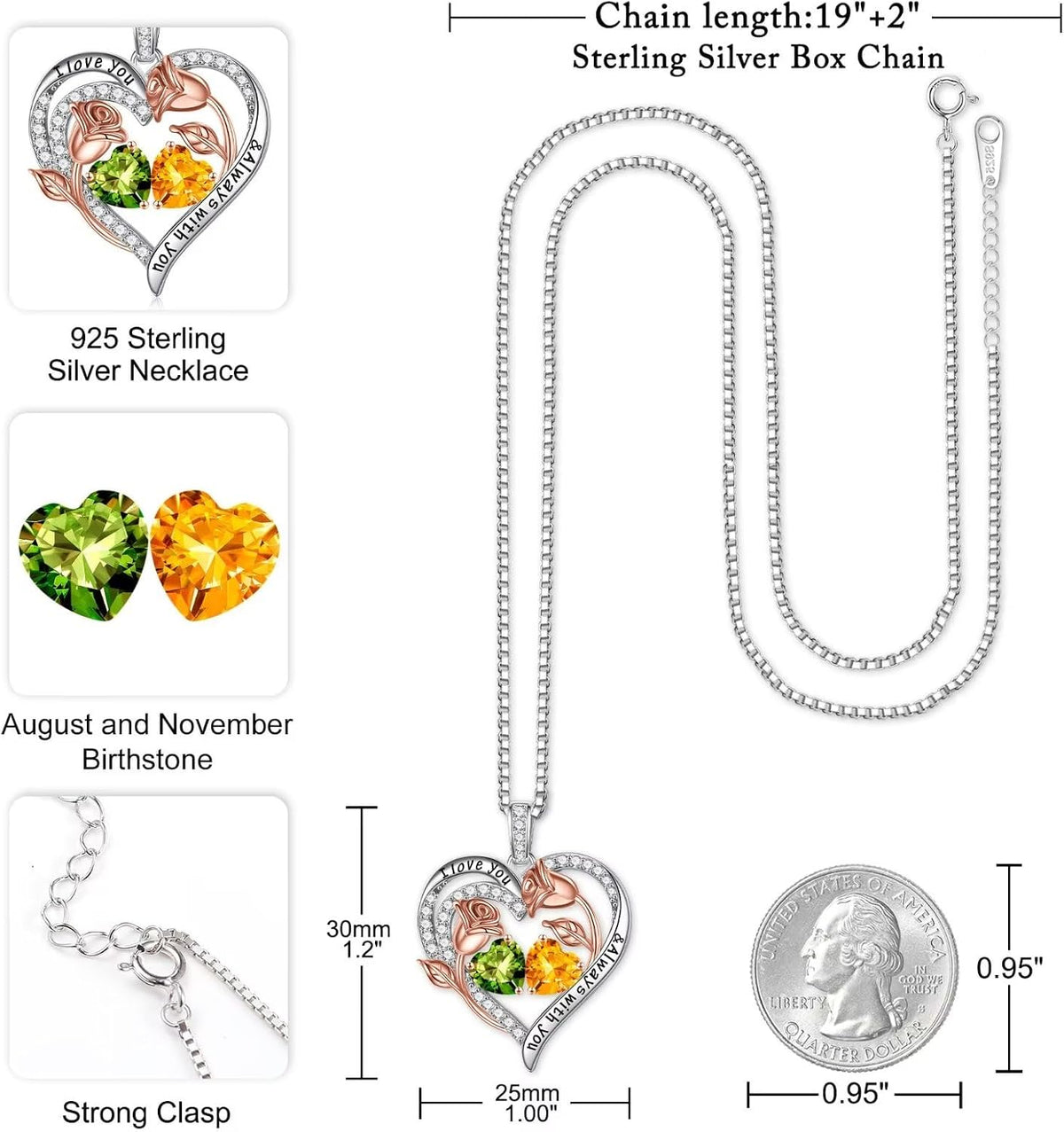 Iefil Birthstone Necklace for Women - Rose Heart Necklace
