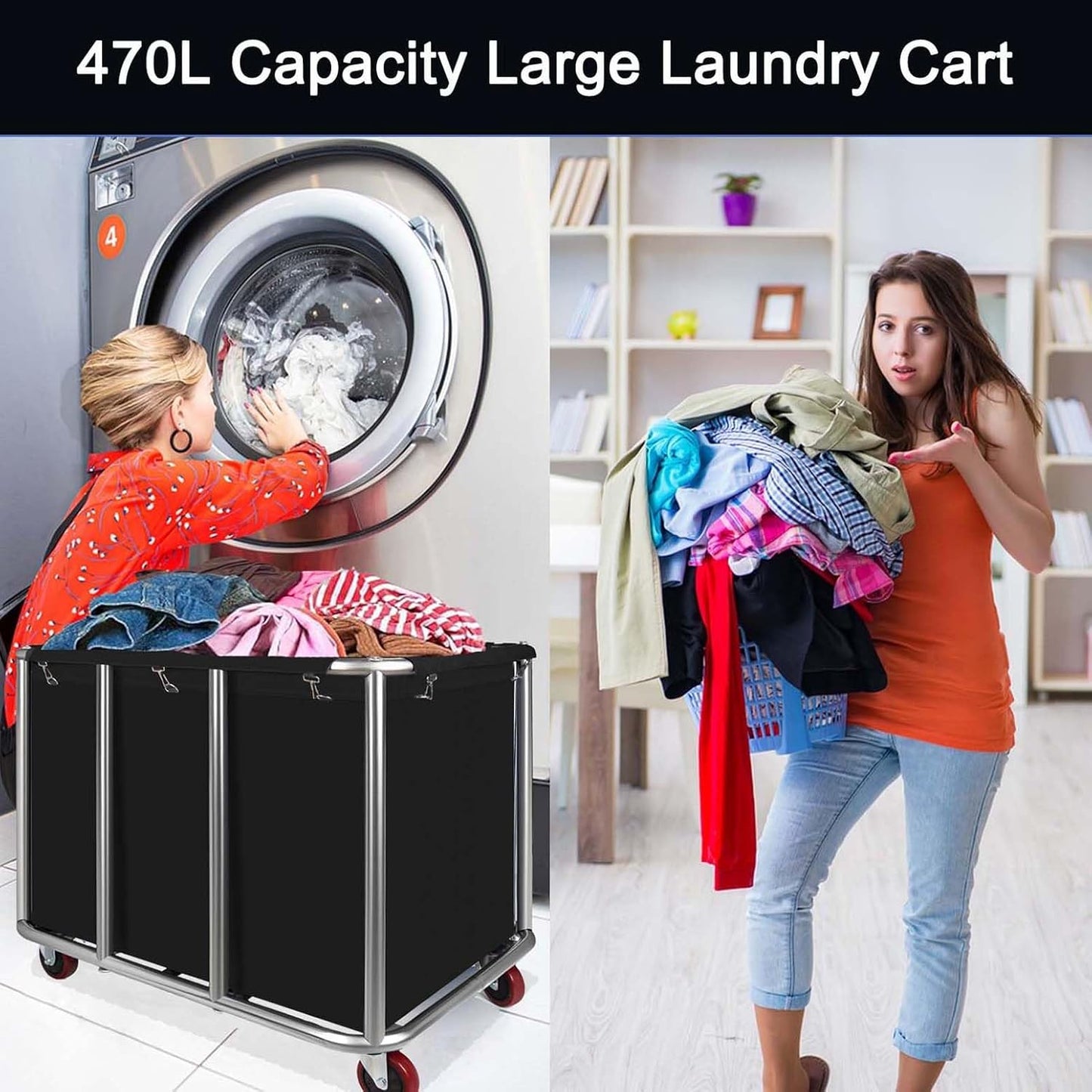 Commercial Laundry Cart with Wheels, 470L Industrial Rolling Laundry Basket, Large Heavy Duty Laundry Sorter with Watertight Oxford Bag & Sturdy Steel Frame for Home, Hotel, Hospital, 440 lbs (Black)