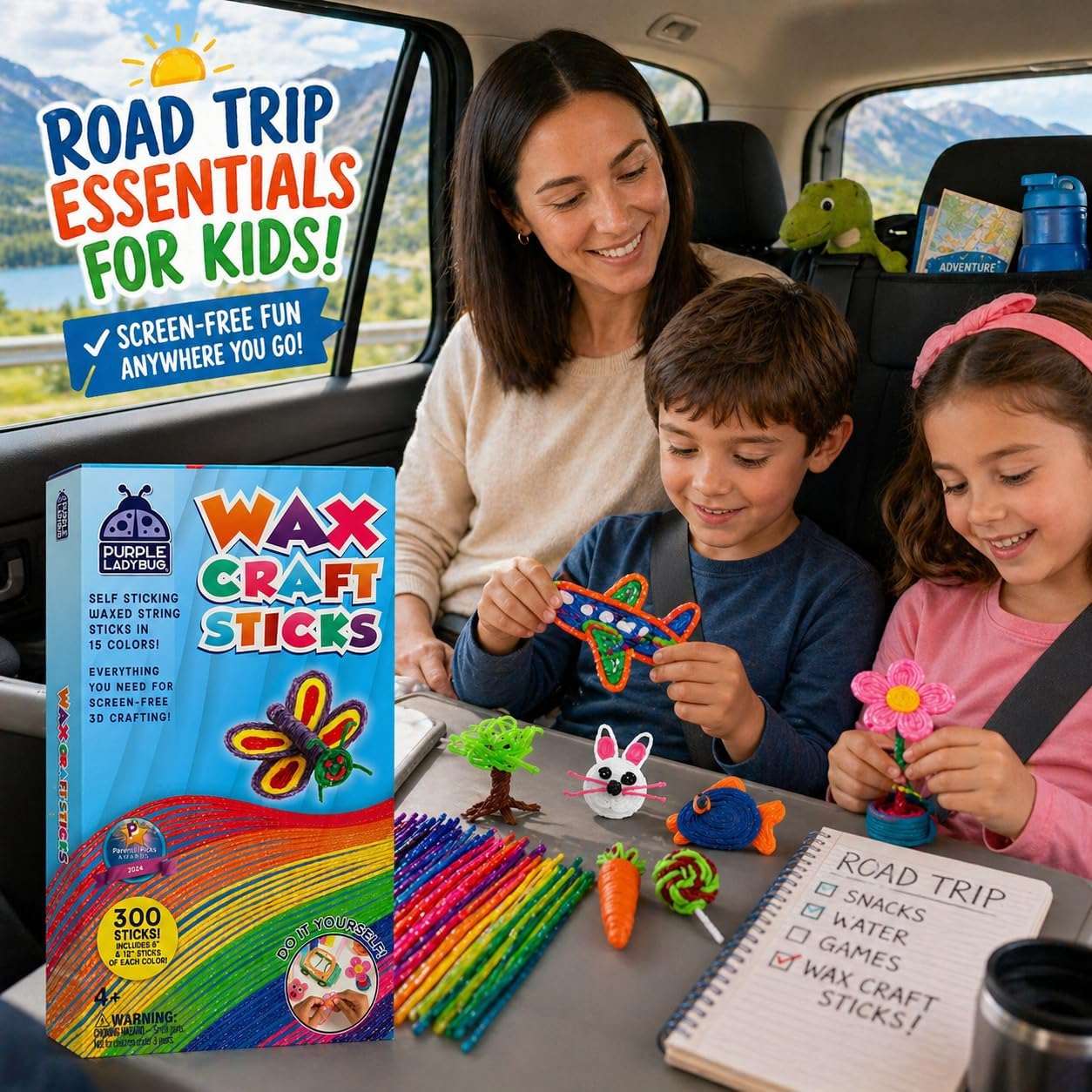 PURPLE LADYBUG 300 PCS Bendable Wax Craft Sticks - Road Trip Essentials Kids, Travel Games & Travel Toys for Toddlers in Car, Airplane Activities for Kids Ages 4-8, Camping & Summer Essentials