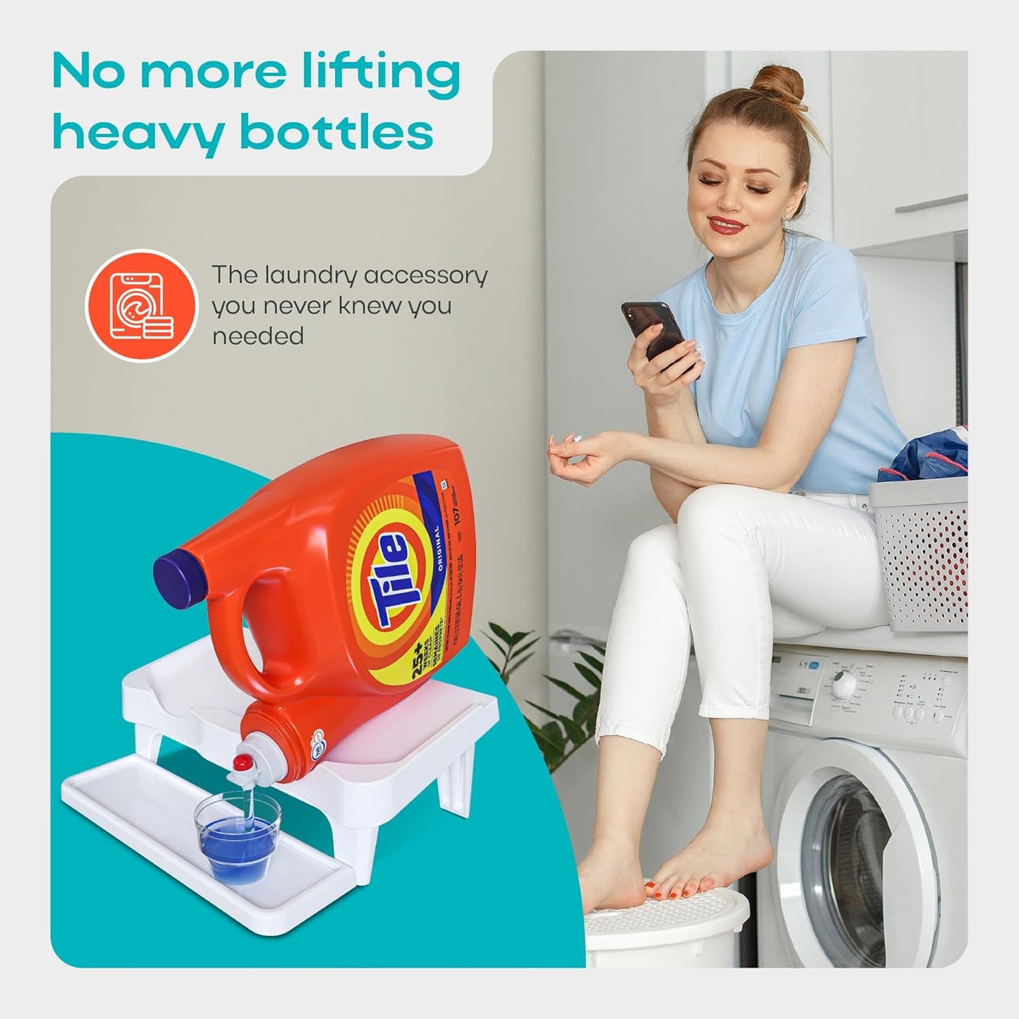 Skywin TidyFriend Detergent Holder Shelf for Laundry Room - Holds 2 Liquid Soap Dispenser, Laundry Soap Station Organizer, Detergent Stand with Drip Catcher Drip Tray Storage Organization (White)
