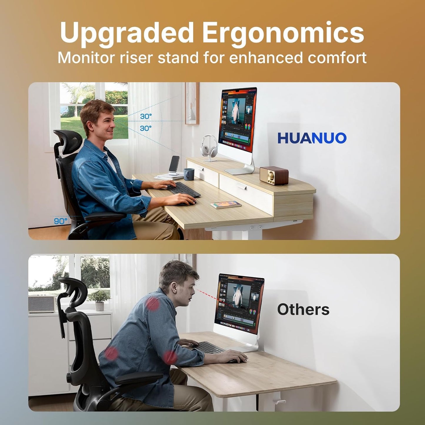 HUANUO 32 x 21 inch Small Electric Standing Desk with 2 Drawers, C-Clamp Mount Compatible, Height Adjustable Sit Stand Desk, Home Office Stand Up Desk with 4 Memory Height Settings, Light Walnut
