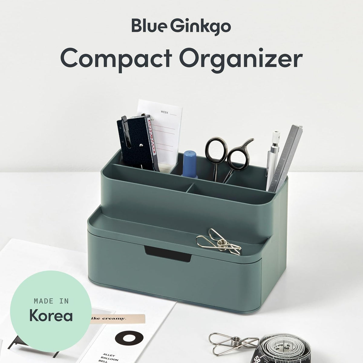 BLUE GINKGO Compact Desk Organizer, Green, Made in Korea