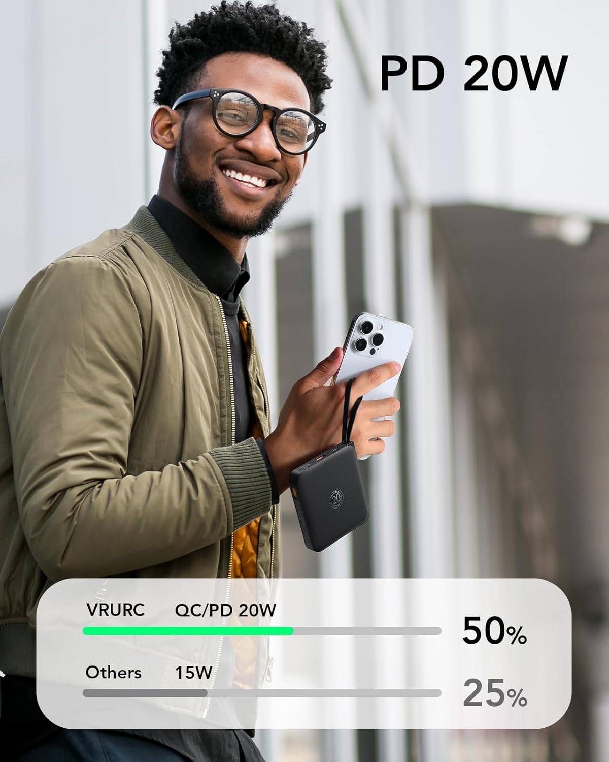 VRURC Portable Charger with Built-in Cables, 10000mAh 22.5W Fast Charging USB C Power Bank with LED Digital Display, Slim Battery Pack for iPhone 17/16/15 & Samsung Galaxy & Android Phones (Black)