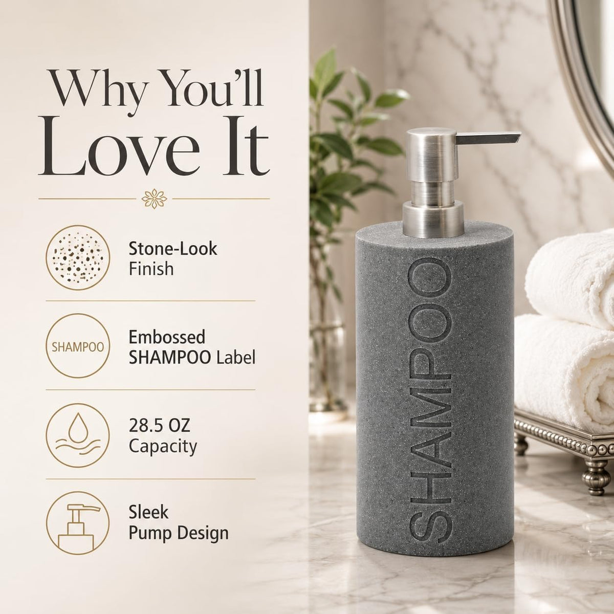 Resin Neutral Gray Sandstone Shampoo Engraved Bottle Refillable Pump Dispenser, Durable Waterproof Resin Construction for Bath, Shower - Gray Sandstone Satin Nickel Pump