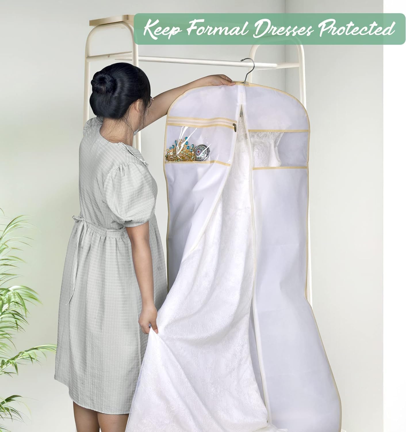 MISSLO 70" Bridal Wedding Gown Dress Garment Bag with Accessories Pouch Large Travel Garment Cover 8" Gusset (White)