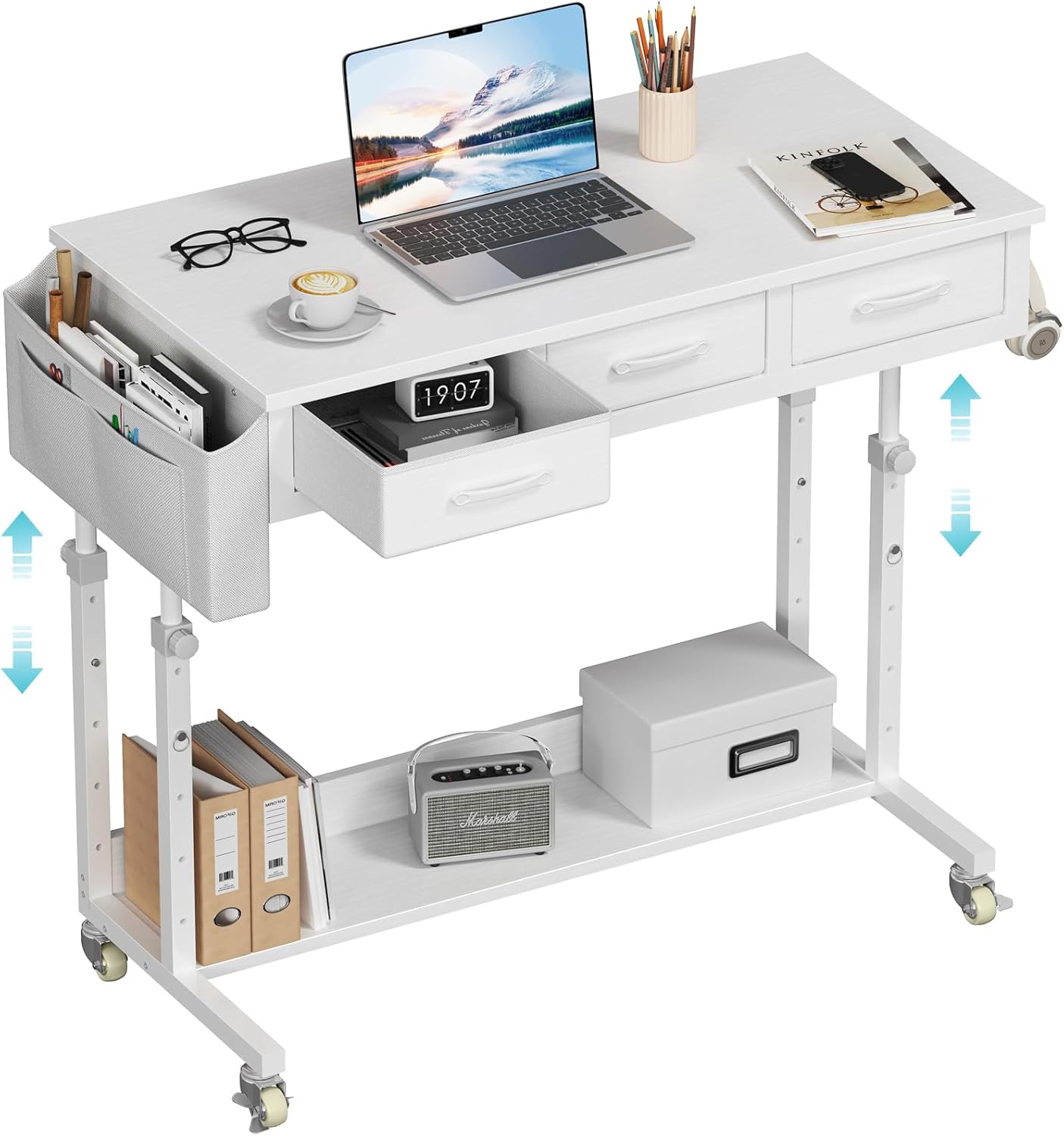 White Portable Rolling Computer Desk - 40 Inch Adjustable Mobile Standing Teacher Desks with 3 Fabric Drawers on Wheels, Couch Sofa Side Laptop Stand Up Table with Storage for Home Office, White