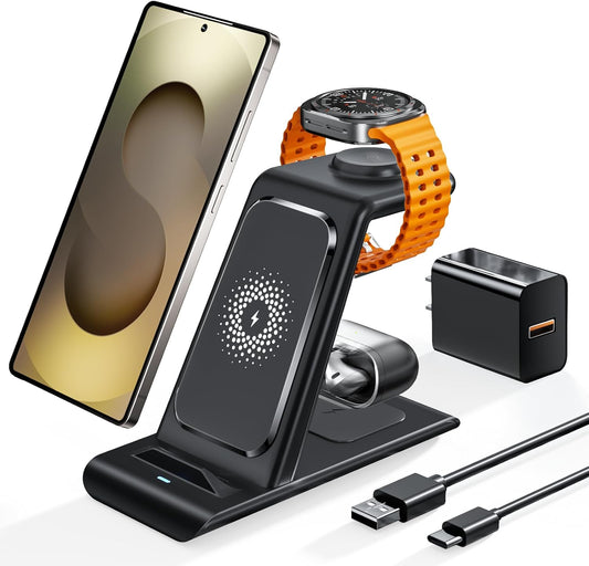 Wireless Charging Station for Samsung Wireless Charger Galaxy S26 Ultra/S25/S24/S23/S22/Note20 Z Fold Flip7 Galaxy Watch 8/7/6/5/4/3 Active 2/1 Stand Galaxy Buds4/4 Pro/3/2 Pro/Live Multiple Devices
