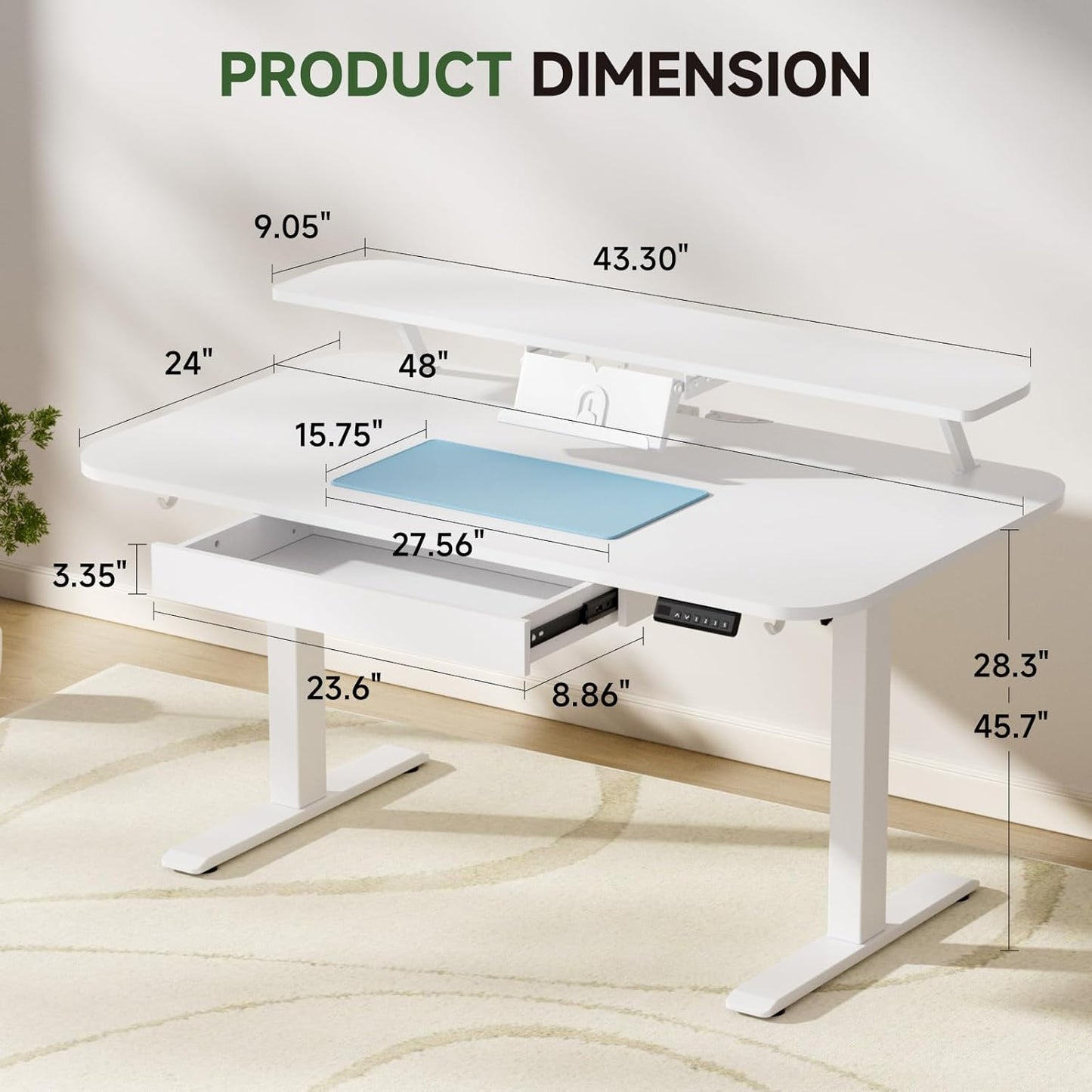 GTPLAYER Electric Standing Desk with Drawers, 48 x 24 Inches Height Adjustable Computer Desk with Monitor Stand, Laptop Stand, Sit Stand up Desk with Memory Preset for Home, Office, Ivory White