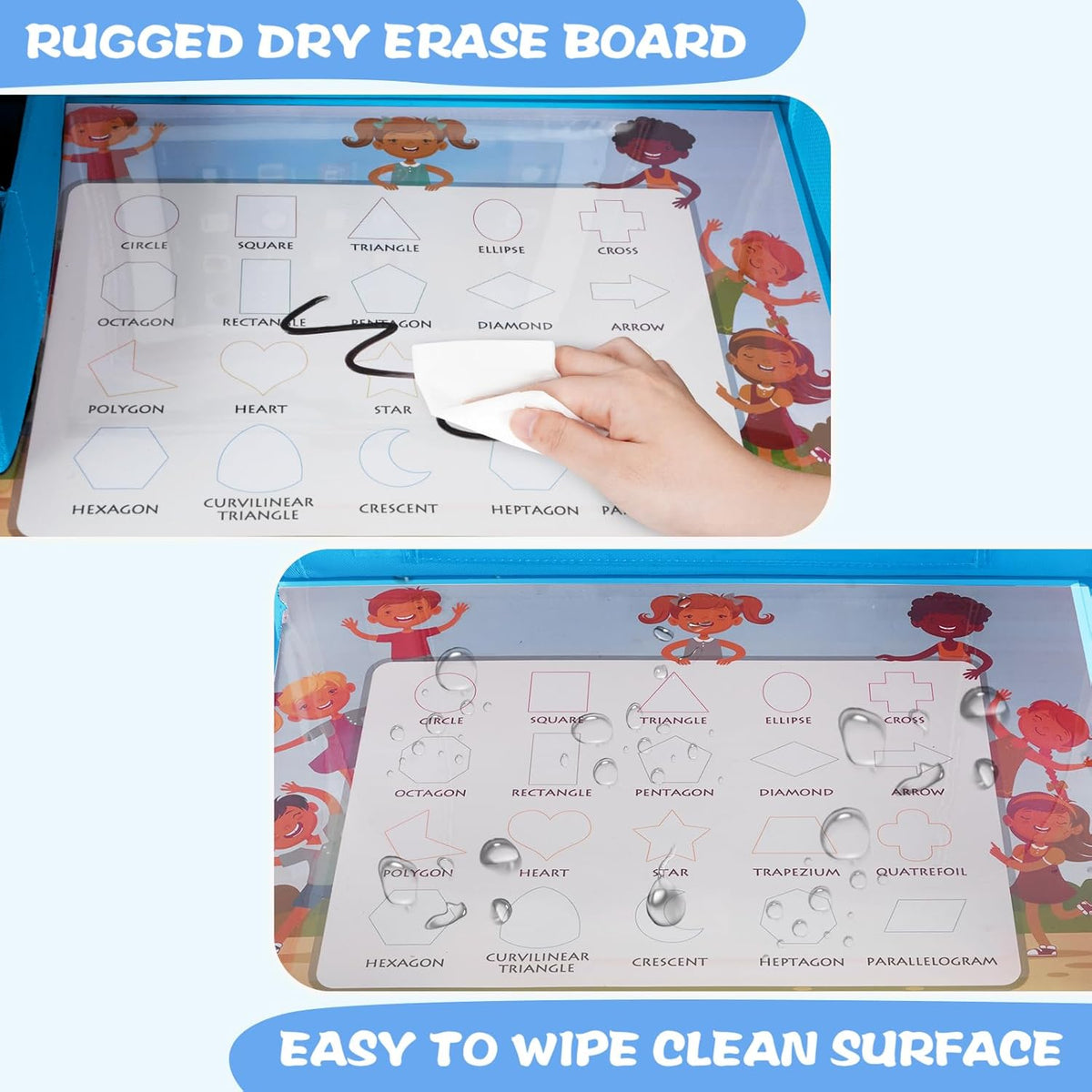 MENZOKE Kids Travel Tray, Car Seat Tray for Kids Travel, Toddler Essentials Girls with Tablet Holder, Road Trip Essentials with Cooler Cup Holder, Dry Erase Board & Storage Pocket for Airplane, Blue