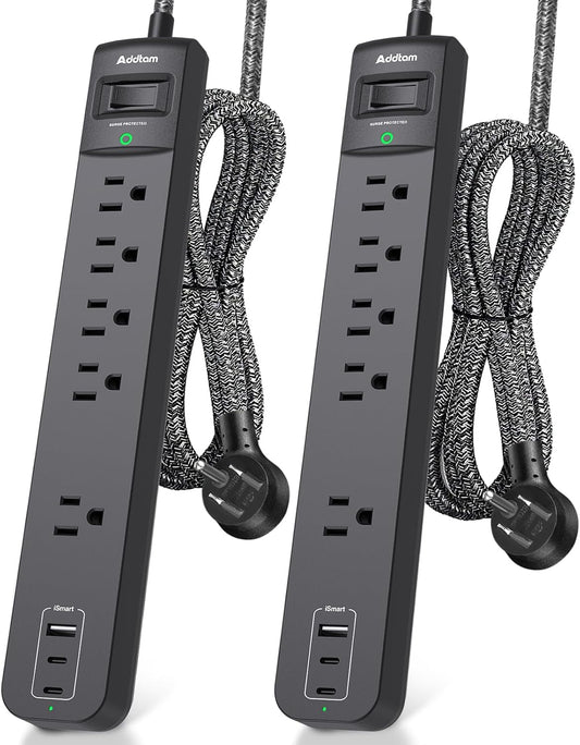2 Pack Power Strip Surge Protector - 5 Widely Spaced Outlets 3 USB, 6Ft