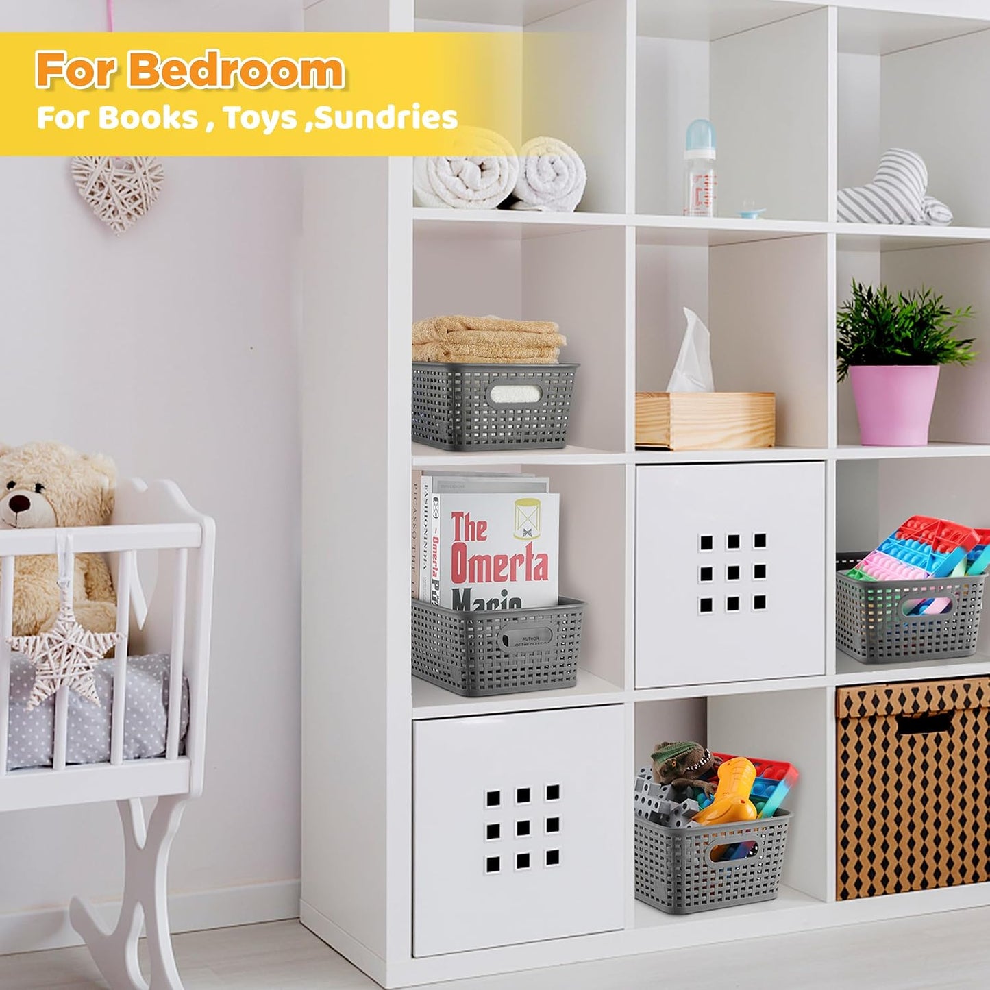 AREYZIN Plastic Storage Baskets Bins With Lid Organizing Container Lidded Knit Storage Organizer Bins for Shelves Drawers Desktop Closet Playroom Classroom Office, 6 Pack