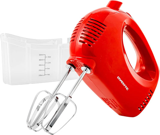 OVENTE 5-Speed Corded Electric Hand Mixer with Stainless Steel Whisks, Compact Portable Design with Snap-On Storage Case,150W Lightweight Handheld Mixer for Baking & Cooking, Red HM151R