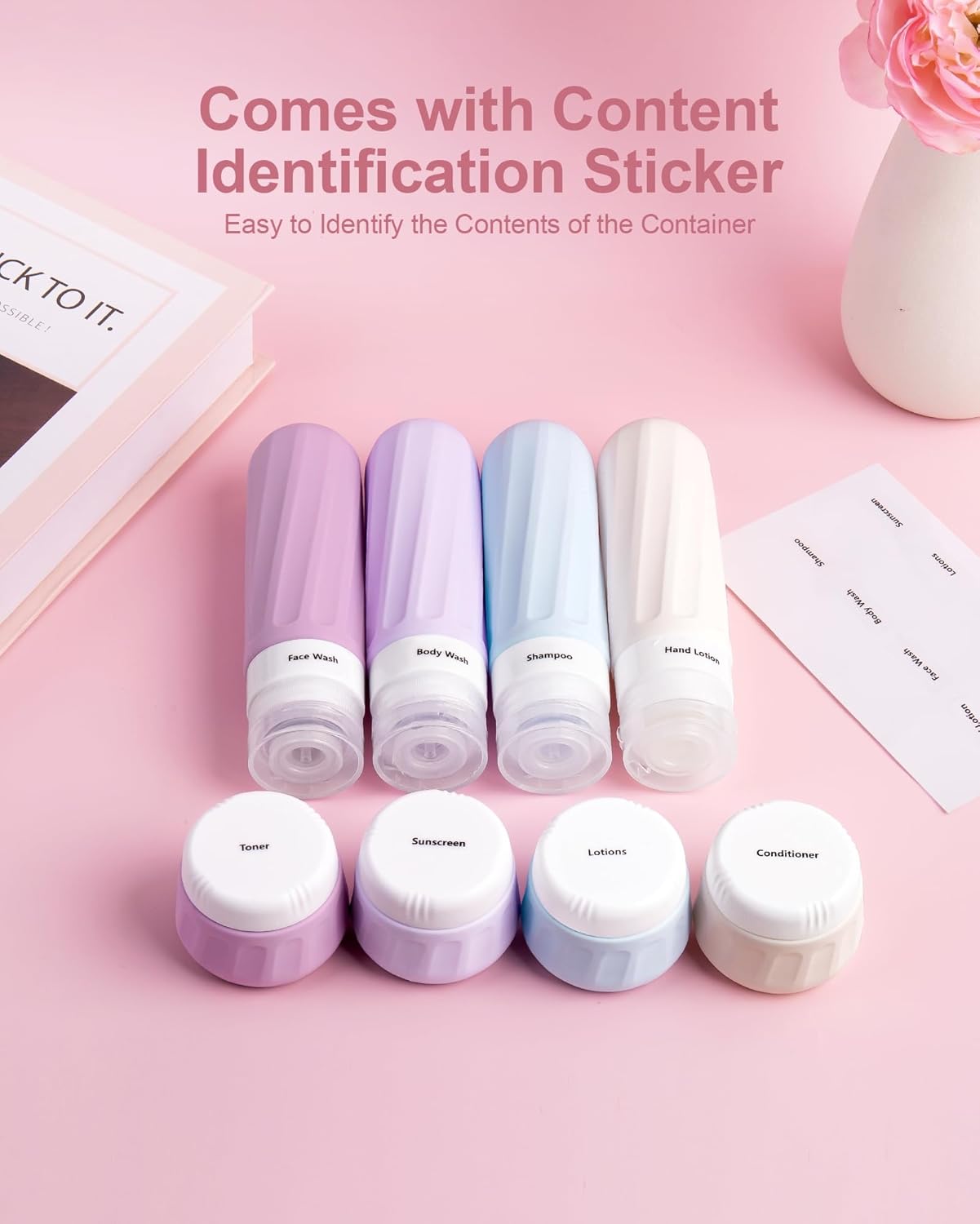 Mrsdry Travel Size Toiletries 8 Pack, TSA Approved 3oz/1oz Silicone Refillable Containers with Clear Travel Bag