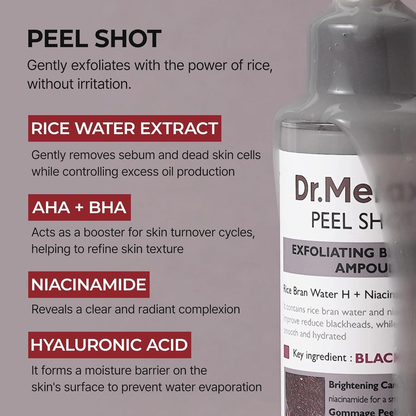 Dr.Melaxin Peel Shot Black Rice Exfoliating Ampoule, Face Exfoliator with AHA BHA Niacinamide Rice Bran Water, Blackhead Remover, Pore Minimizer, Brightening Glass Skin Serum, Korean Skin Care, 2.7 oz