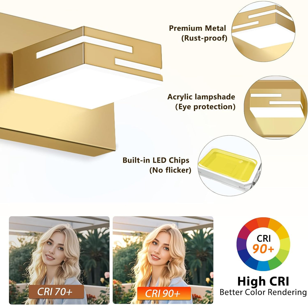 LED Modern Bathroom Vanity Light Fixtures, Dimmable Gold Vanity Lights for Bathroom Lighting Fixtures Over Mirror, with 360° Rotatable Heads 3-Light 22-inch (Cool White 6000K)