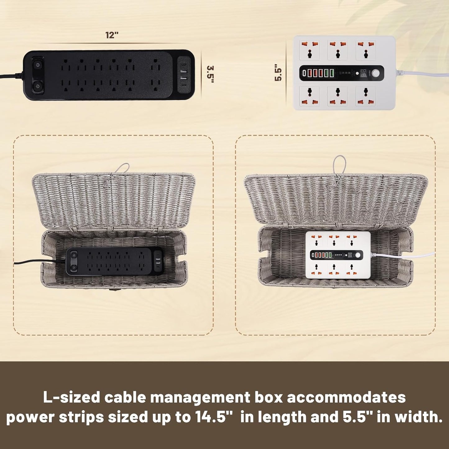 Cable Management Box, Cord Organizer with Lid & Cable Ties - Gray, L | Handmade Open Slots Cord Hider Outlet Covers for Power Strip TV PC Router Charger Under Desk Storage