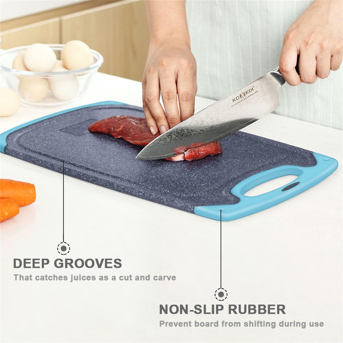 Plastic Cutting Board, 3 Pieces Dishwasher Safe Cutting Boards with Juice Grooves, Easy Grip Handle, Non-Slip, with Grinding Area for Grinding Garlic and Ginger（aqua）
