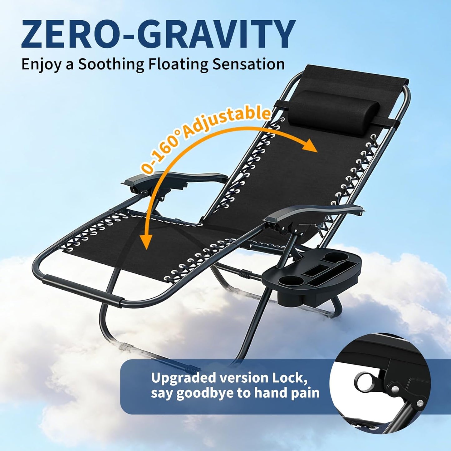 Garvee Zero Gravity Chair Set of 2, Patio Lounge Chair Outdoor with Pillow & Cup Holder Tray, Adjustable Reclining Chair, Folding Portable Camping Chair for Deck, Beach, Yard, Garden - Black