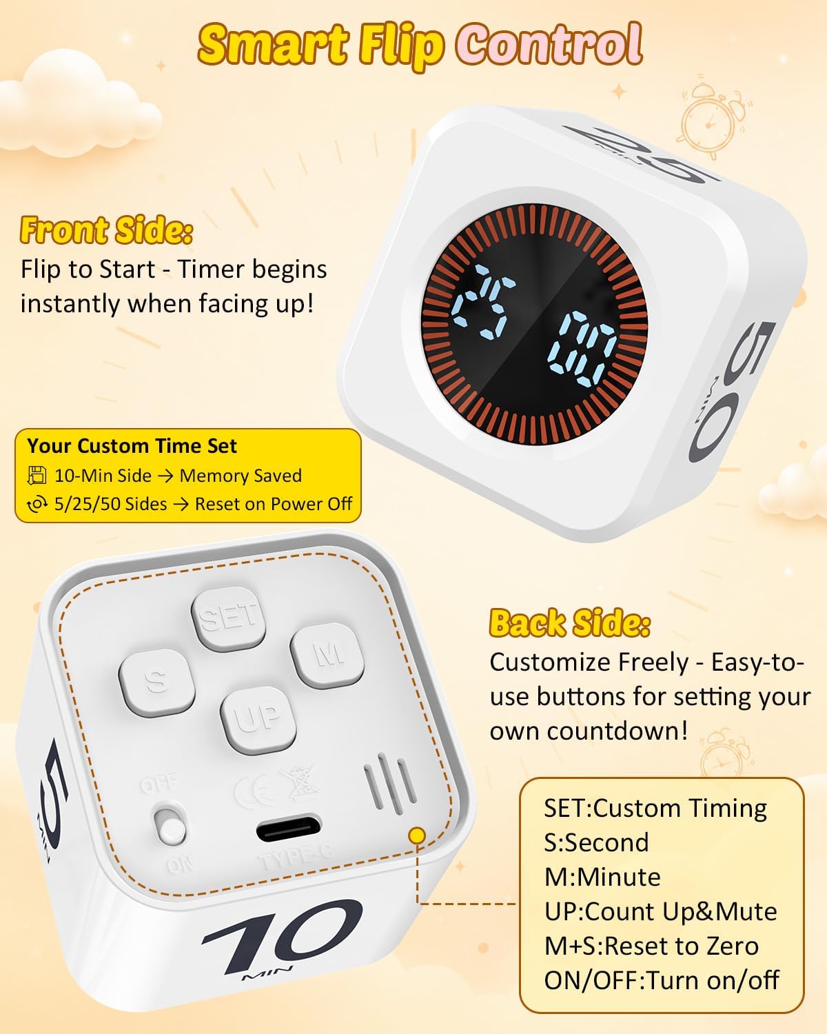 Digital Pomodoro Timer Cube 5/10/25/50min Preset, Silent & Sound Alarm