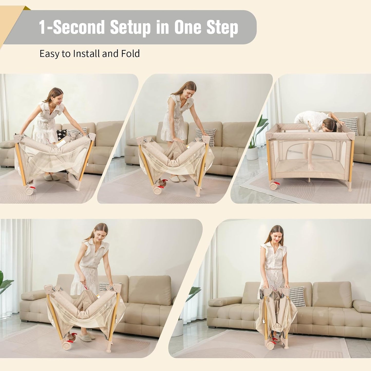Baby Bassinet 5 in 1 Pack and Play,Baby Crib Adjustable Beside Sleeper One-Second &One-Hand Setup,Portable Playard Foldable Playpen for Newborn,Babies and Toddlers with Changing Table,Mattress (Beige)