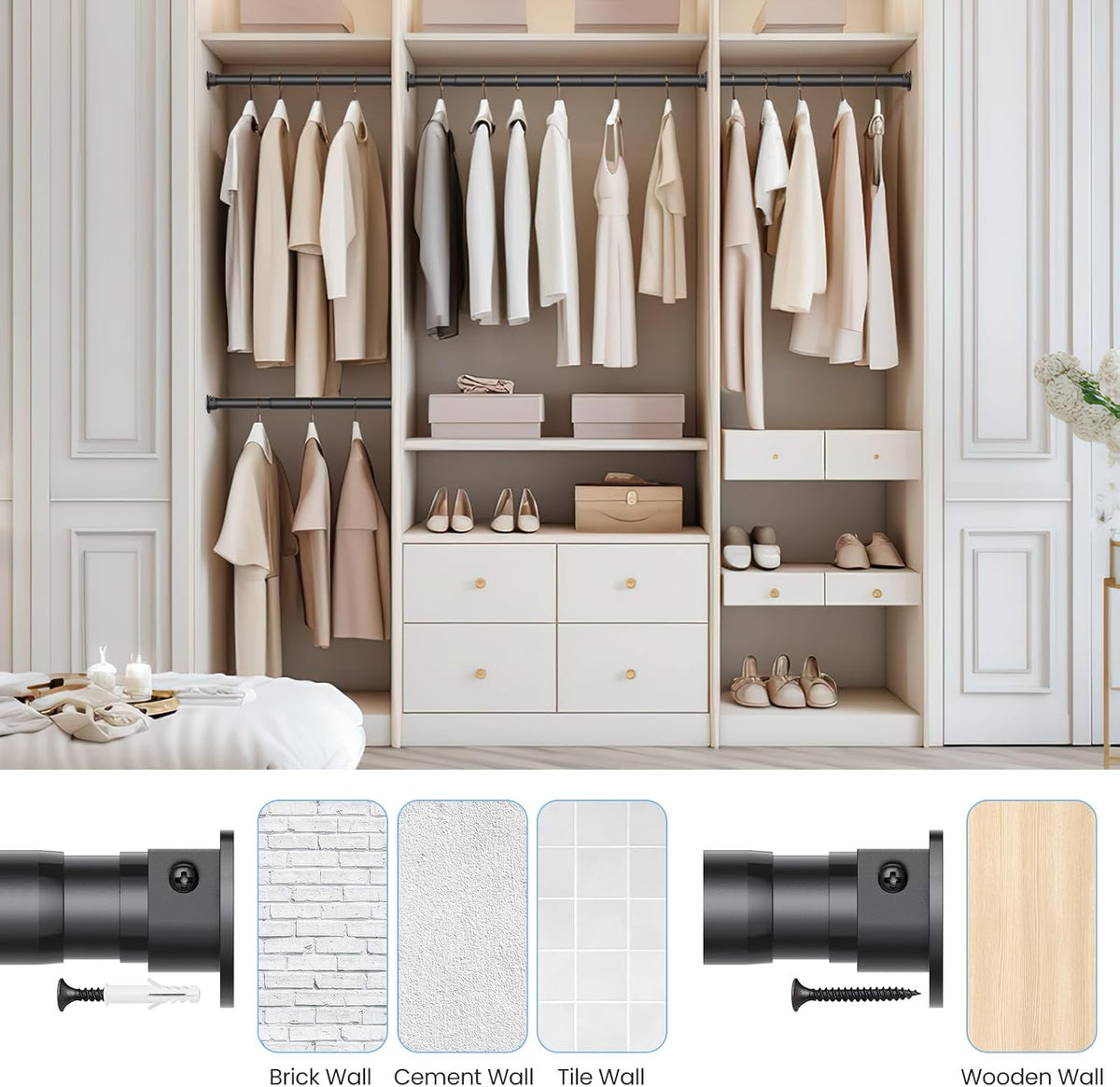 Closet Rod, 17-99in Stepless Adjuatable closet rods for Hanging Clothes